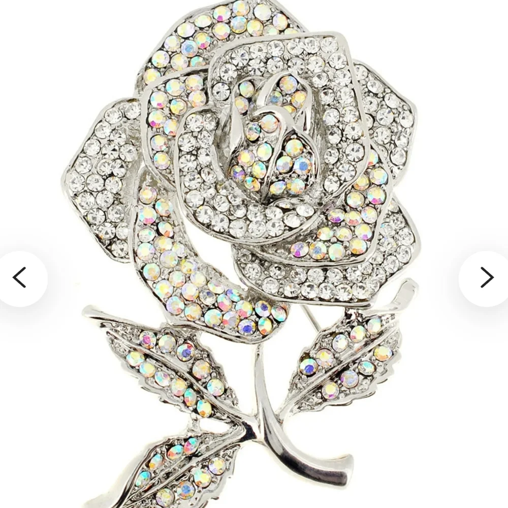 Chrome Silver Rose Crystal Color Accent Stones Flower Pin Brooch NWT
